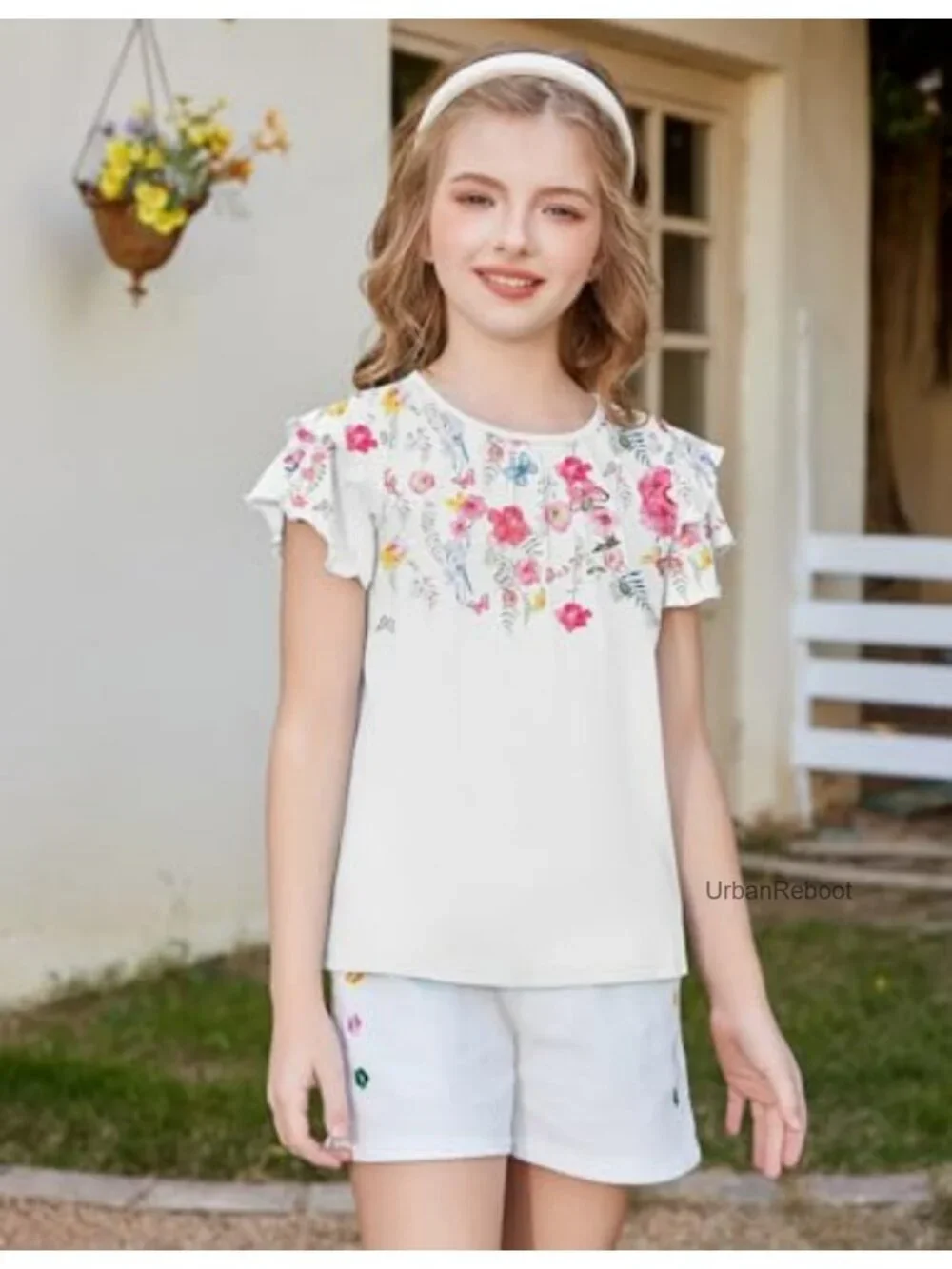 Girls Ruffle Sleeve Pleated Tee Summer Top 95% Polyester 5% Spandex